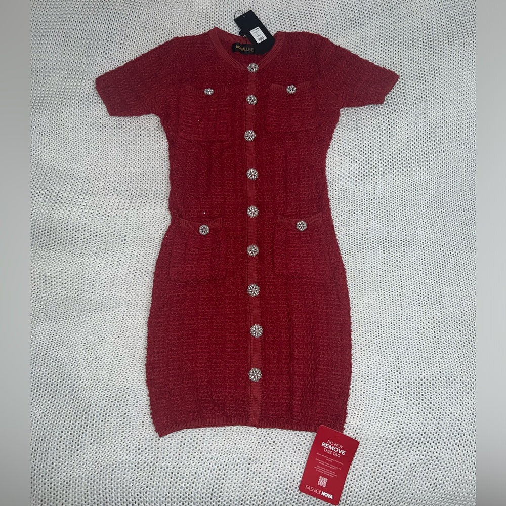 Red Knit Pearl Button Sweater Dress